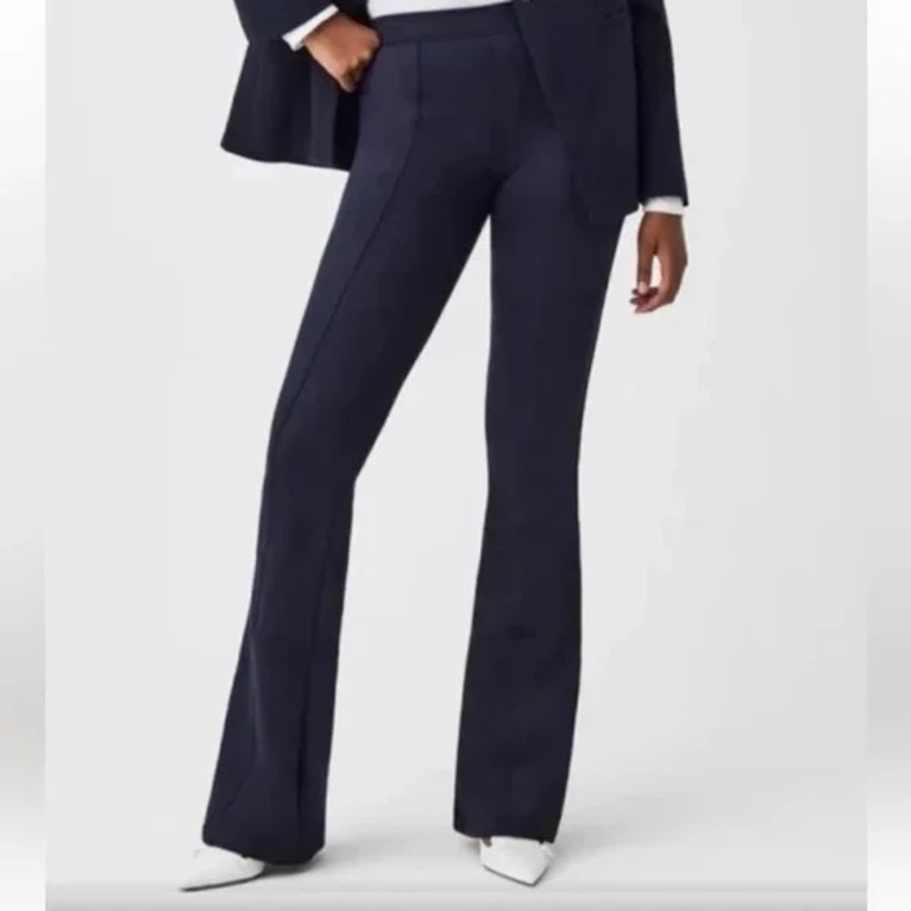 Spanx NWT Faux Suede Flare Navy Blue Pintuck Front Seam Pants